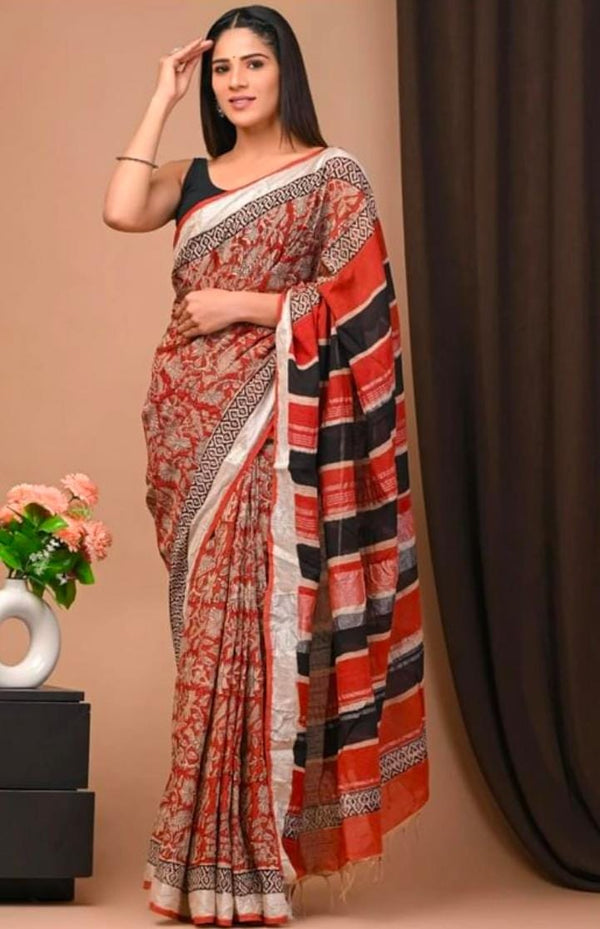 Hand Block Print Linen Saree with Blouse .