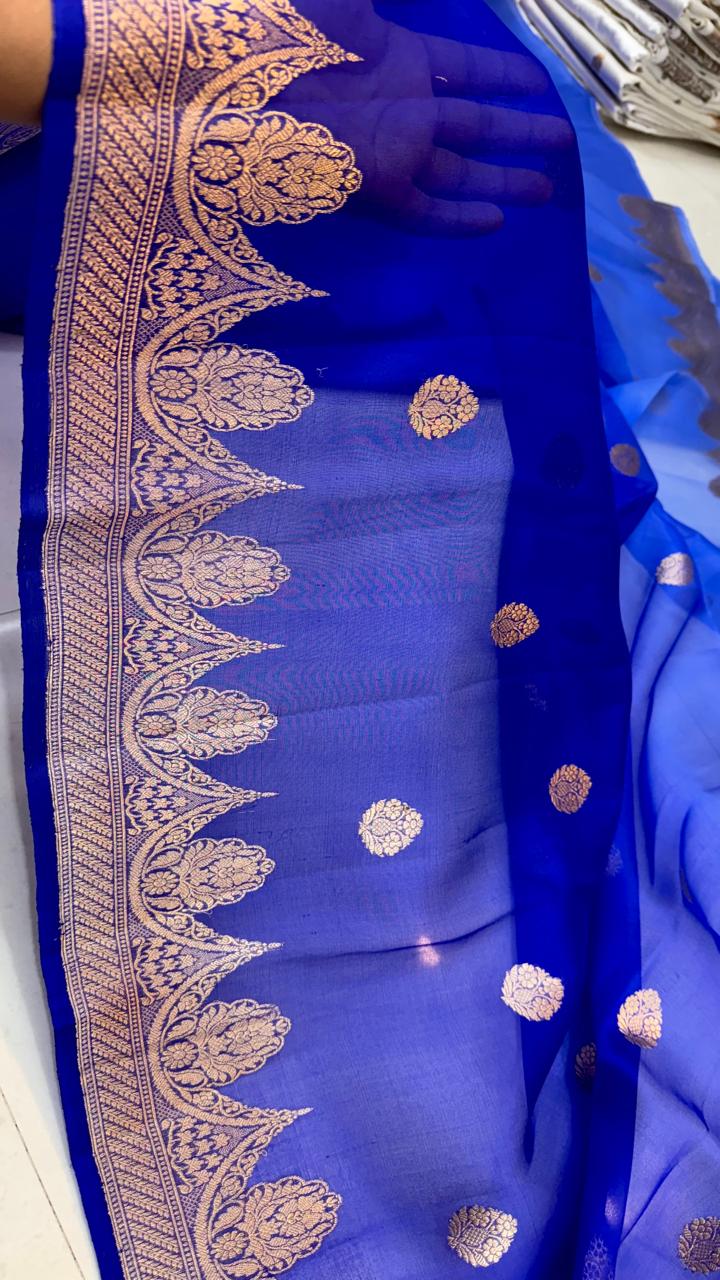 Pure Banarasi Kora Organza Silk Handwoven Zari Work Saree With Silk Mark Certificate ( Length- 6.3 Meter )