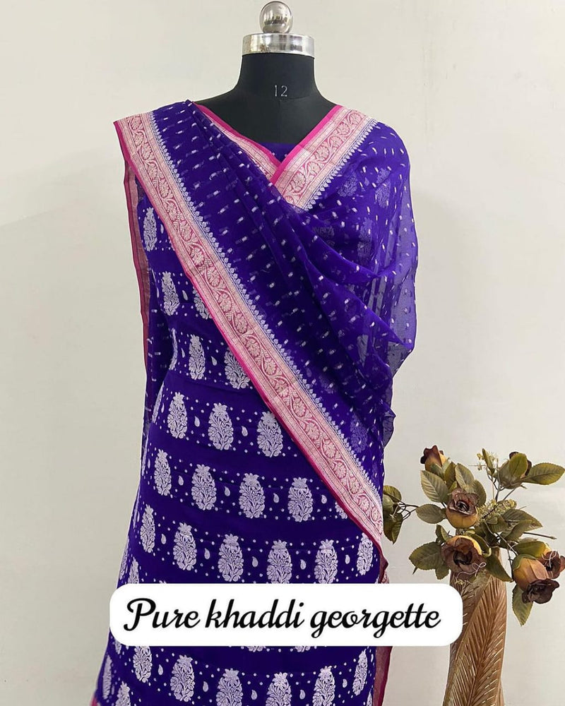 Pure Khaddi Georgette Unstitched Suit With Zari Work.