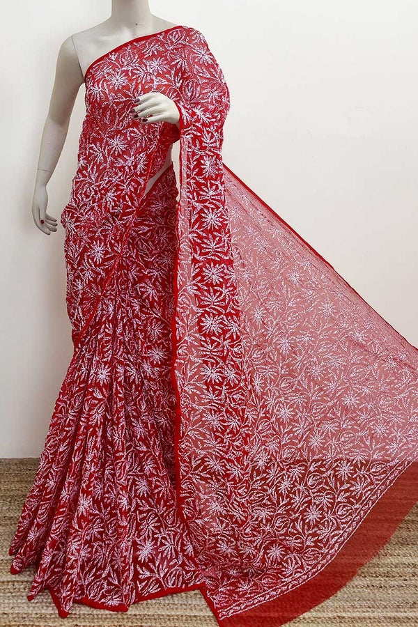 Pure Chiffon Georgette Handwork Chikenkari Tepchi Jaal Work Saree.