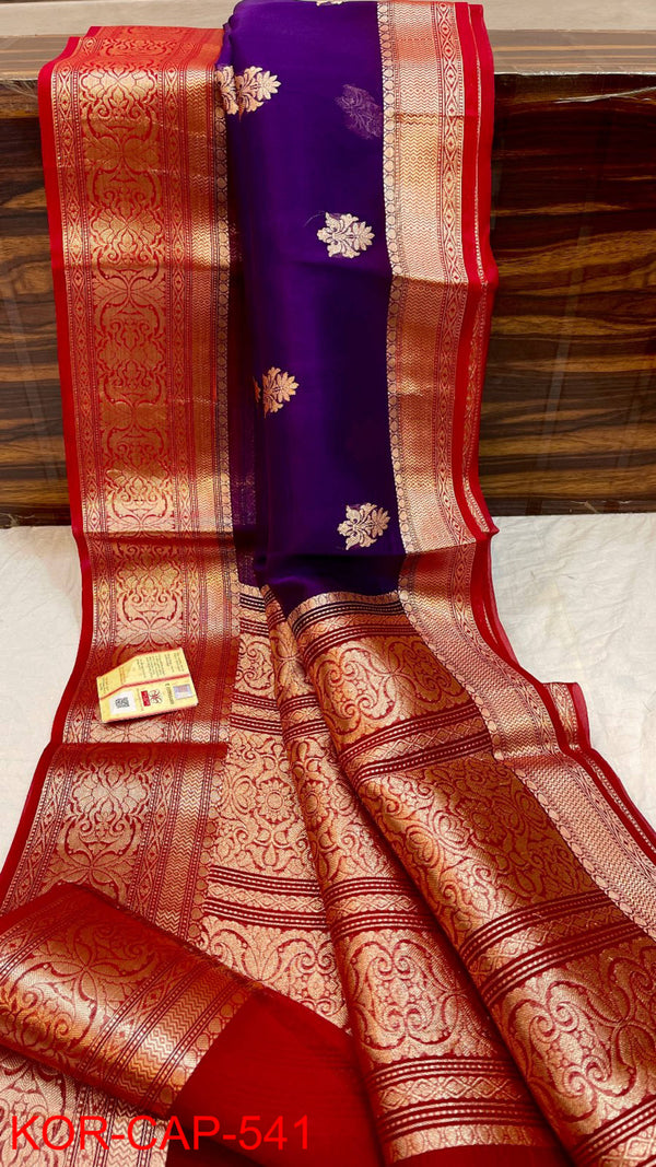 Pure Banarasi Kora Organza Silk Handwoven Zari Work Saree With Silk Mark Certificate ( Length- 6.3 Meter )