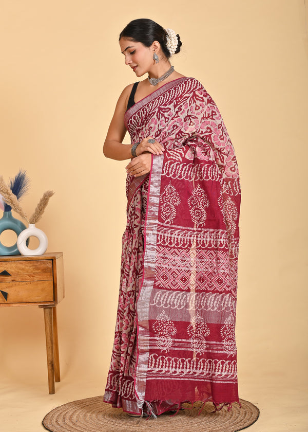 Hand Block Print Linen Saree with Blouse .