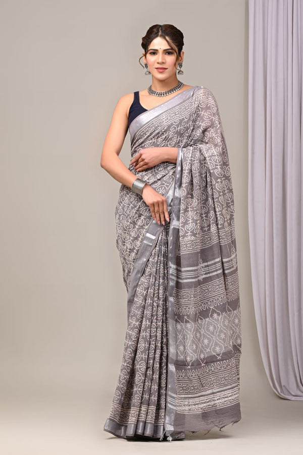 Hand Block Print Linen Saree with Blouse .