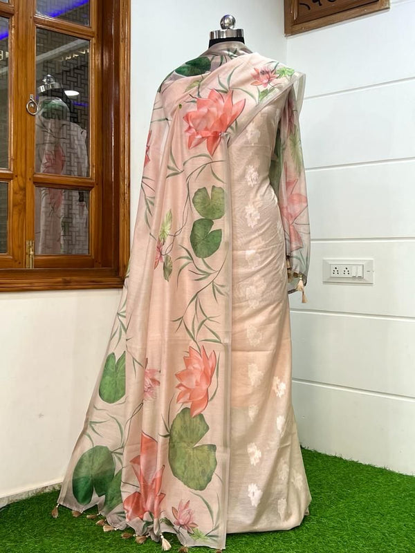 Banarasi Chanderi Silk Zari work unstitched Suit With Chanderi Pichwai Floral Dupatta.