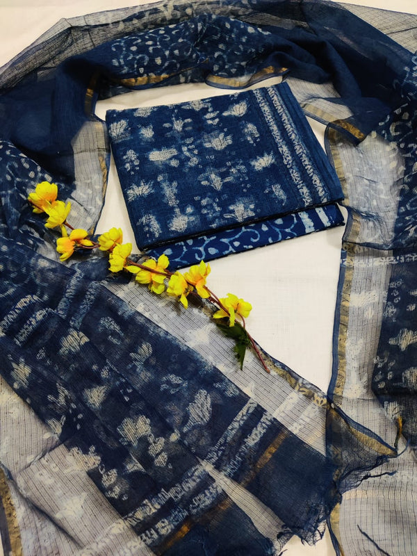 Pure Kota Doriya Hand Block Printed Unstitched Suit With Dupatta