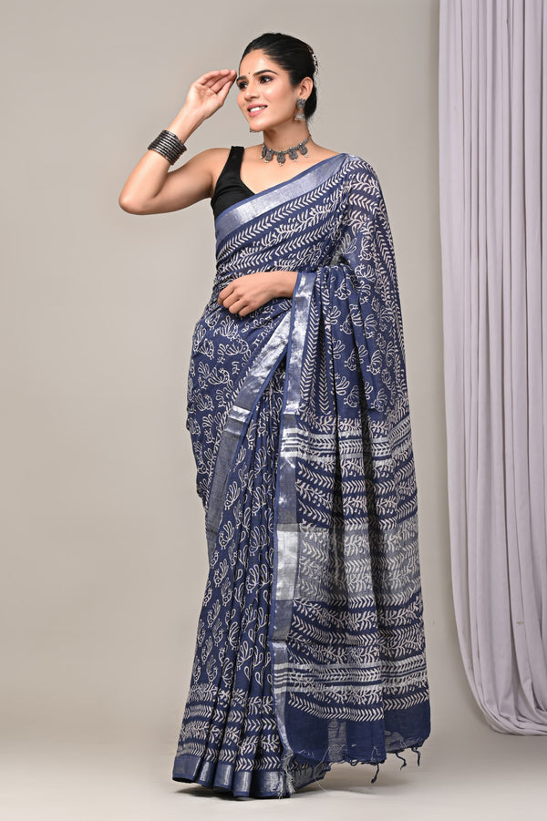 Hand Block Print Linen Saree with Blouse .