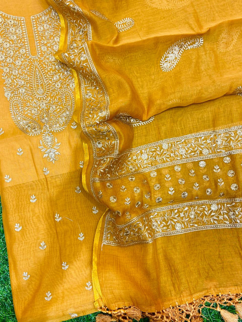 Pure Banarasi Resham Mal Chanderi Silk Zari  Unstitched Suit with Beautiful Neck Embroidery.