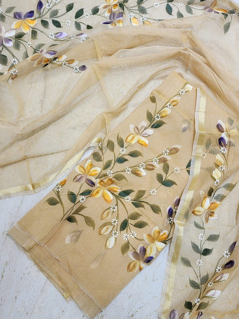 Pure Kota Doria Hand Brush Print Work Unstitched Suit with Dupatta