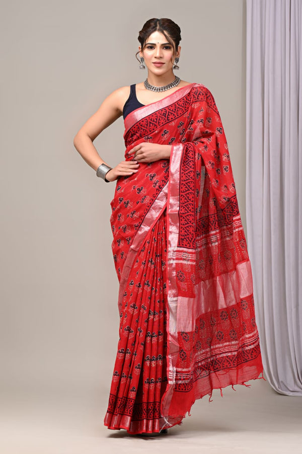 Hand Block Print Linen Saree with Blouse .