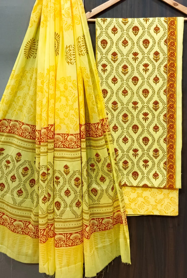 Pure Cotton  Hand Block Print Unstitched Suit With cotton Dupatta.