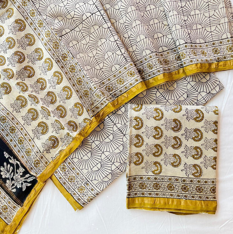 Pure Hand Block Chanderi Silk Unstitched Suit .