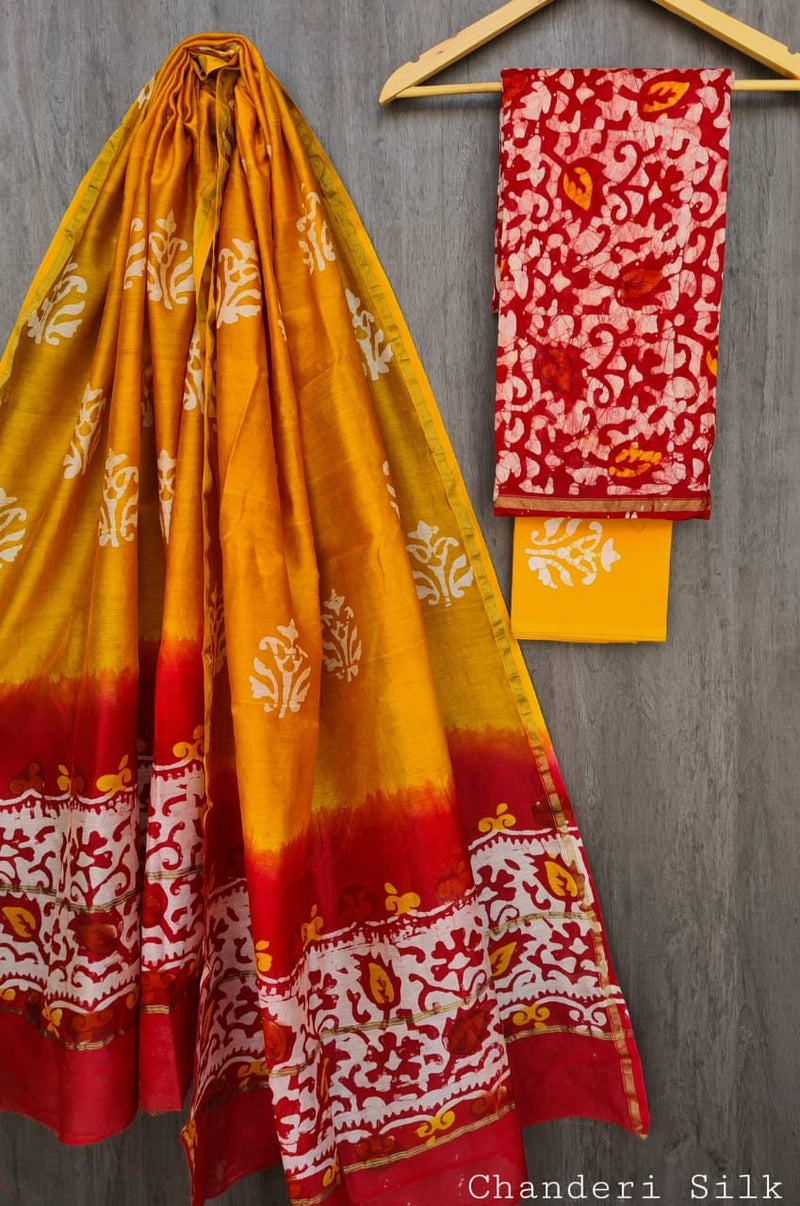 Pure Hand Block Chanderi Silk Unstitched Suit.