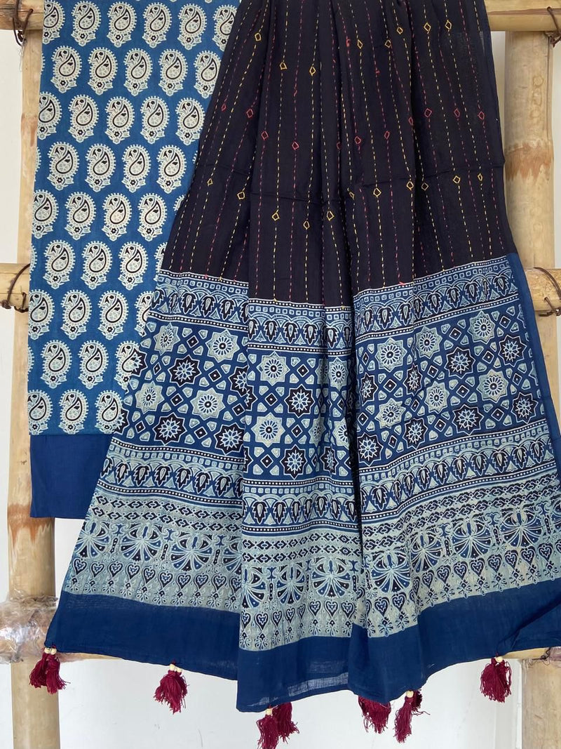 Pure Cotton Azrakh Print Unstitched suit With Hand kantha Work Dupatta .