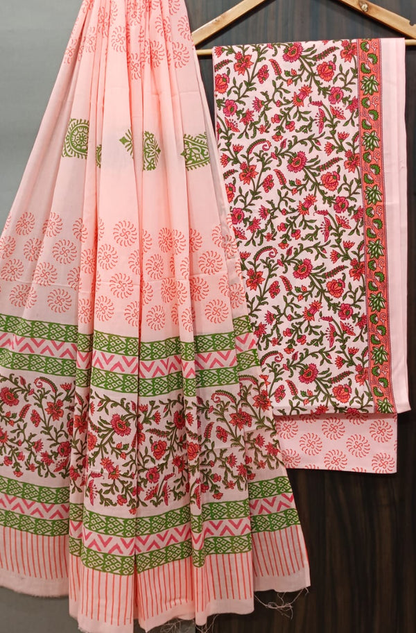 Pure Cotton  Hand Block Print Unstitched Suit With cotton Dupatta.