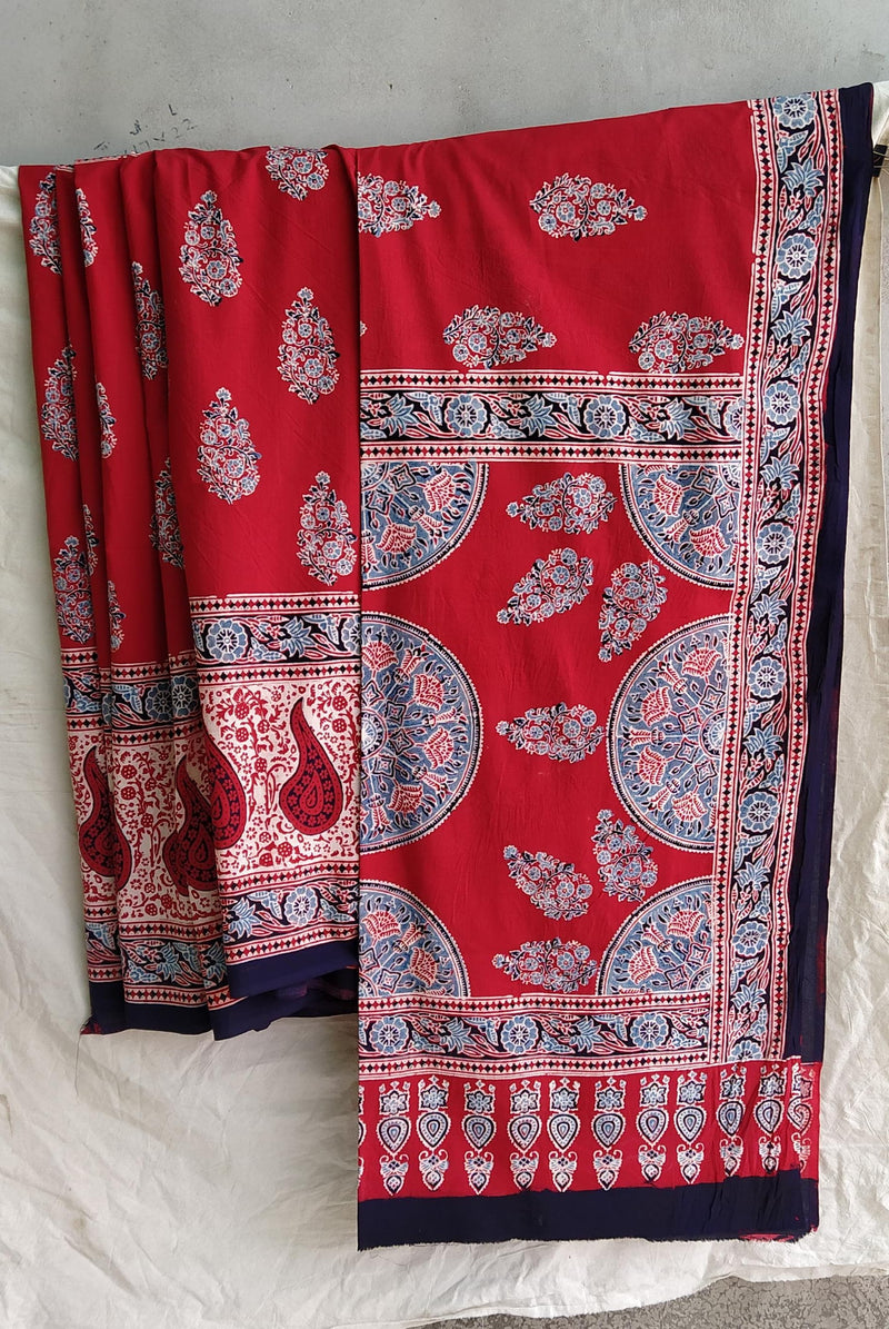 Pure Mul Cotton Saree With Azrak Print With Blouse.