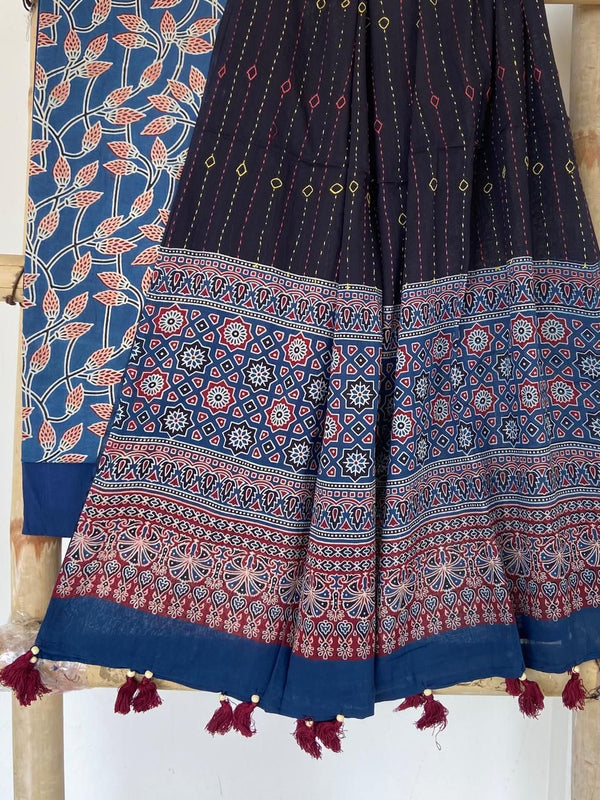 Pure Cotton Azrakh Print Unstitched suit With Hand kantha Work Dupatta .