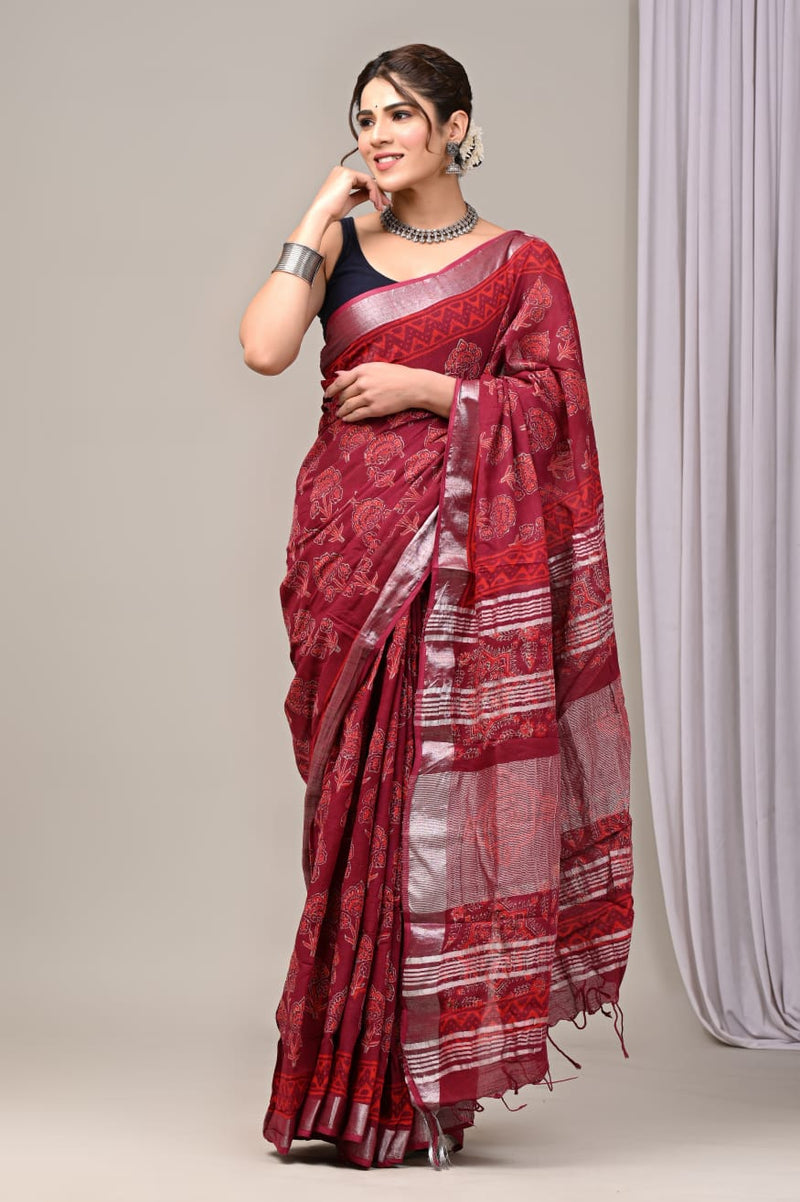 Hand Block Print Linen Saree with Blouse .