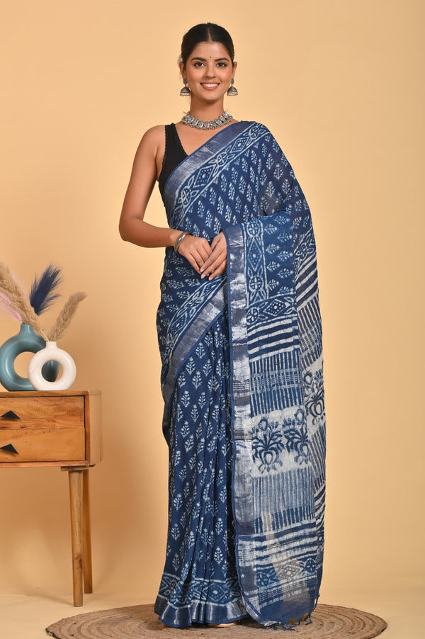 Hand Block Print Linen Saree with Blouse .