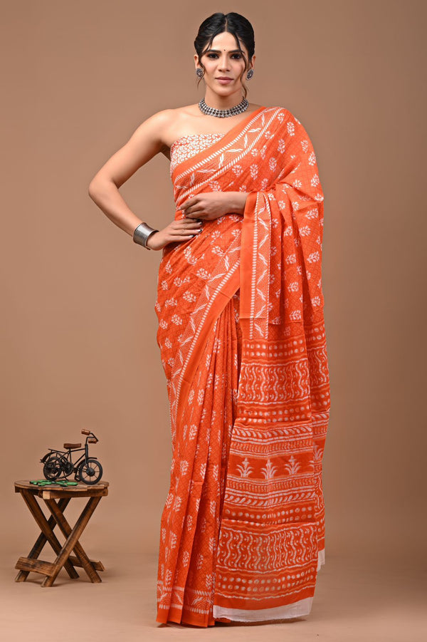 Pure  Mul cotton Hand print saree with Blouse.