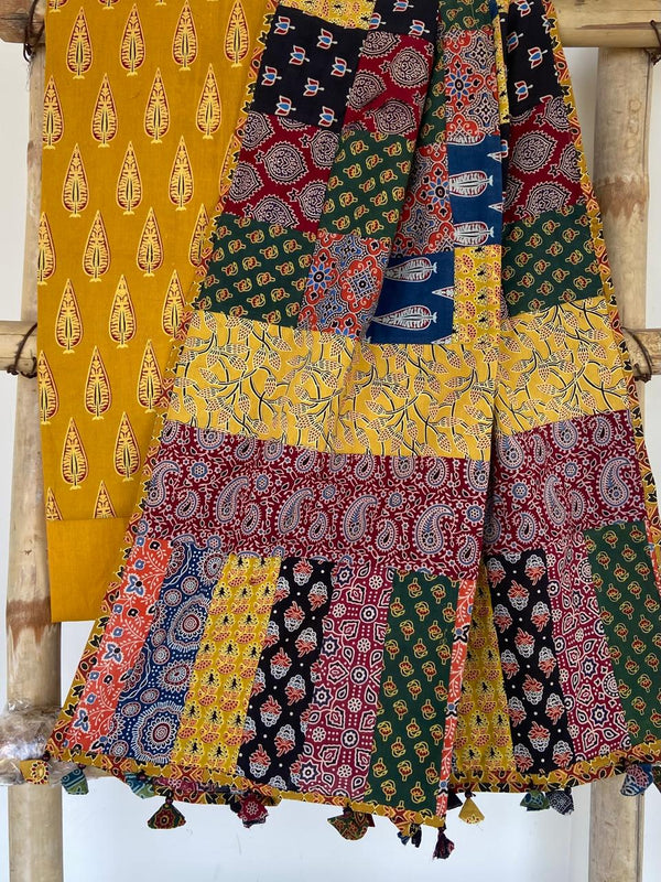 Pure Cotton Azrakh Print Unstitched suit With Patch Work Dupatta.