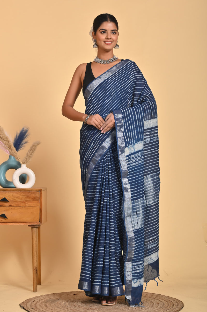 Hand Block Print Linen Saree with Blouse .