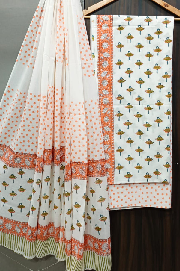 Pure Cotton  Hand Block Print Unstitched Suit With cotton Dupatta.