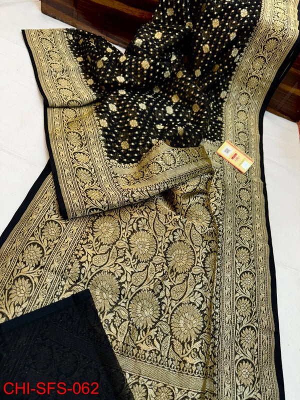 Pure Banarasi Handloom Khaddi Georgette Silk Saree With Beautiful Antique Zari Work