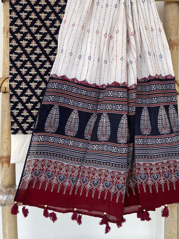 Pure Cotton Azrakh Print Unstitched suit With Hand kantha Work Dupatta .