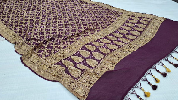 Pure Banarasi Handloom Khaddi Georgette Silk Dupatta With Bhandhej Print. ( Length-2.5 Meter )