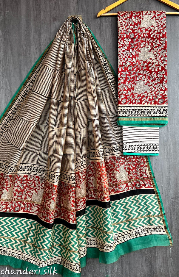 Pure Hand Block Chanderi Silk Unstitched Suit.