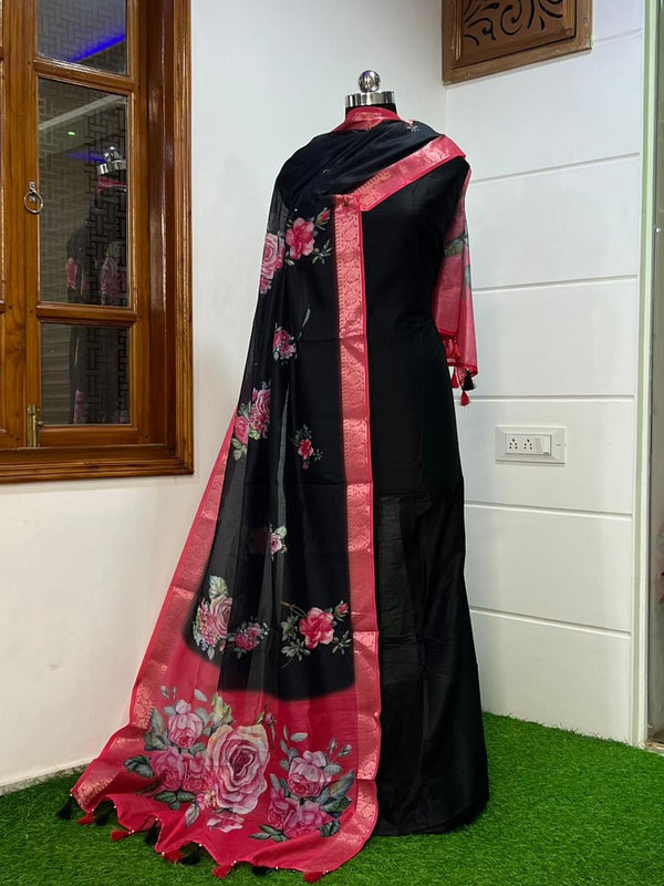 Banarasi Russian Unstitched Suit With Cotton Silk Digital print Dupatta.