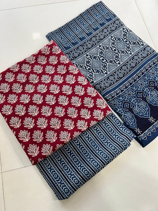 Pure Cotton Azrakh Print Unstitched suit With Cotton Dupatta.