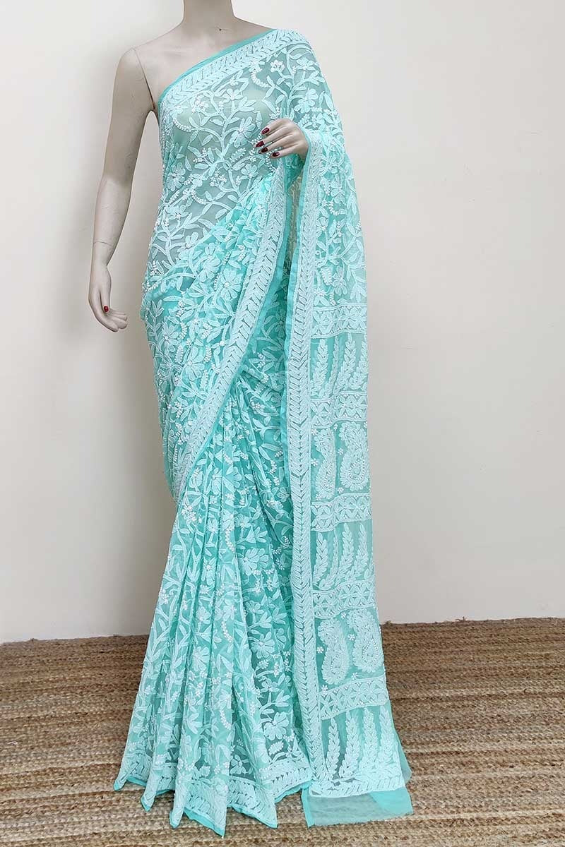 Pure Chiffon Georgette Chikankari Hand Embroidery Full Jaal Work Saree.