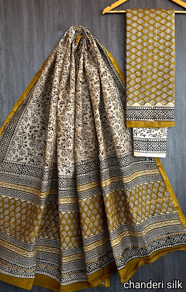 Pure Hand Block Chanderi Silk Unstitched Suit.