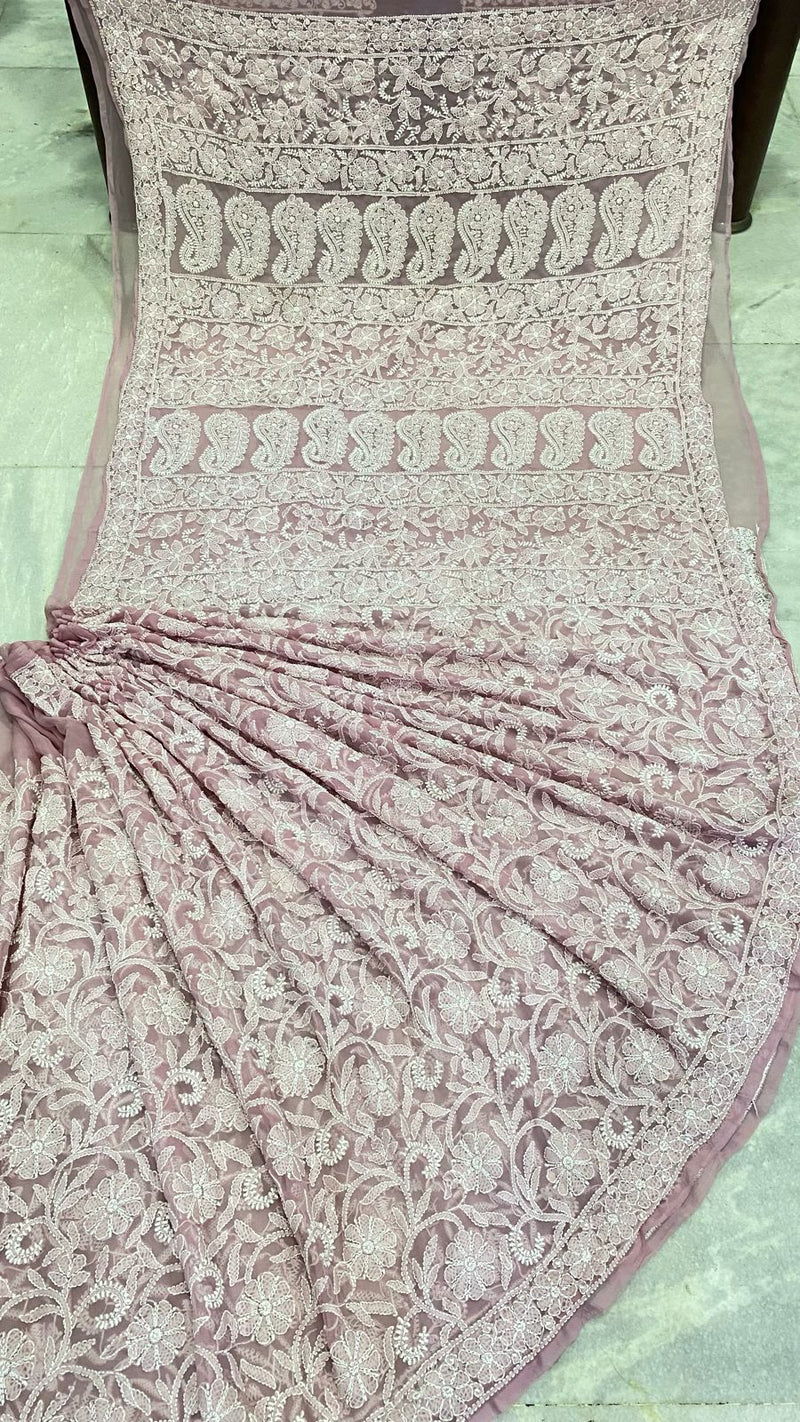 Pure Chiffon Georgette Chikankari Hand Embroidery Full Jaal Work Saree.