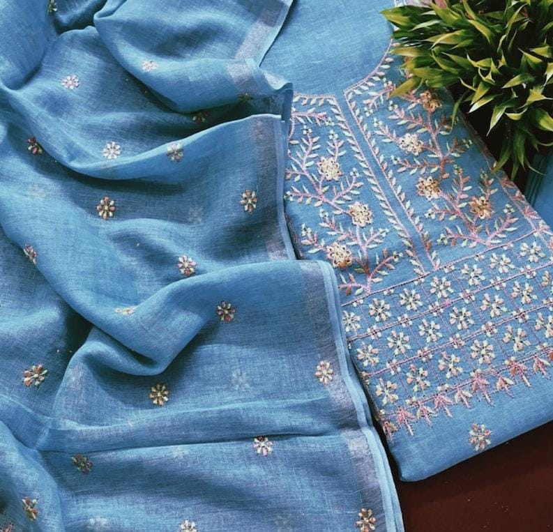 Bhagalpuri Cotton Linen Embroidery Unstitched suit.