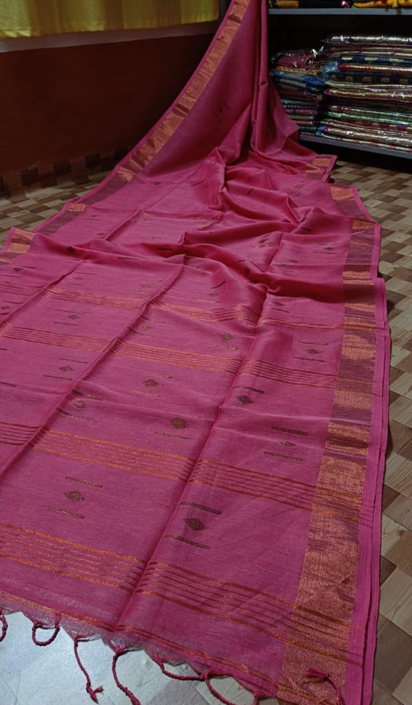 Pure Linen Silk Weaving Work Saree With Blouse.