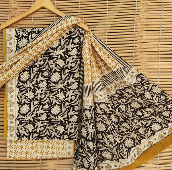 Pure Cotton Hand-Block Print unstitched suit with cotton dupatta .