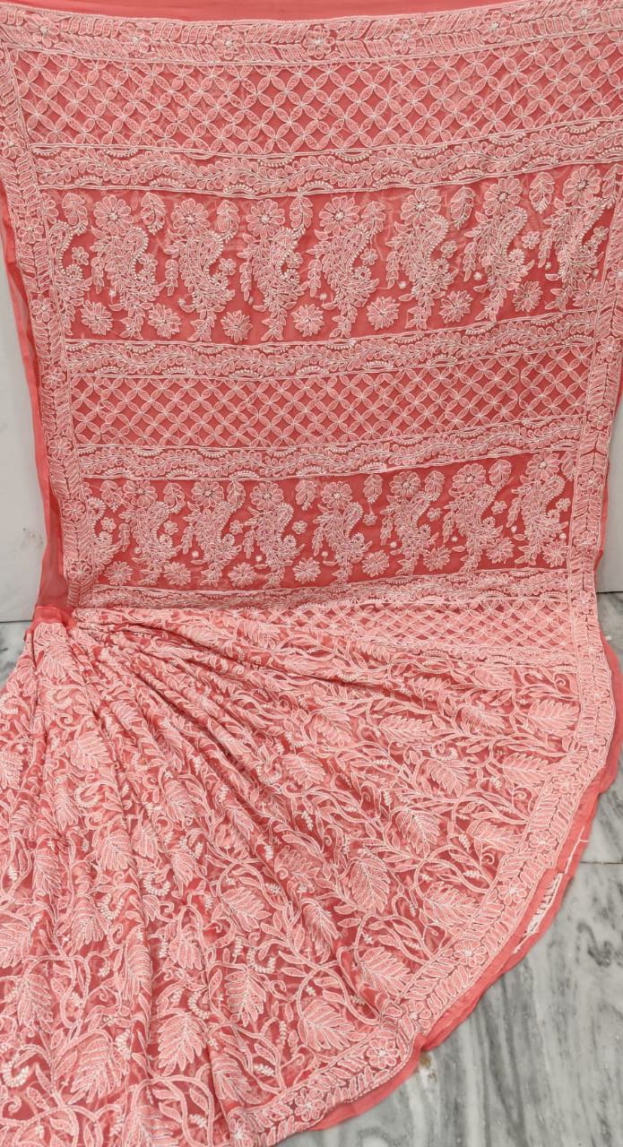 Pure Chiffon Georgette Chikankari Hand Embroidery Full Jaal Work Saree.