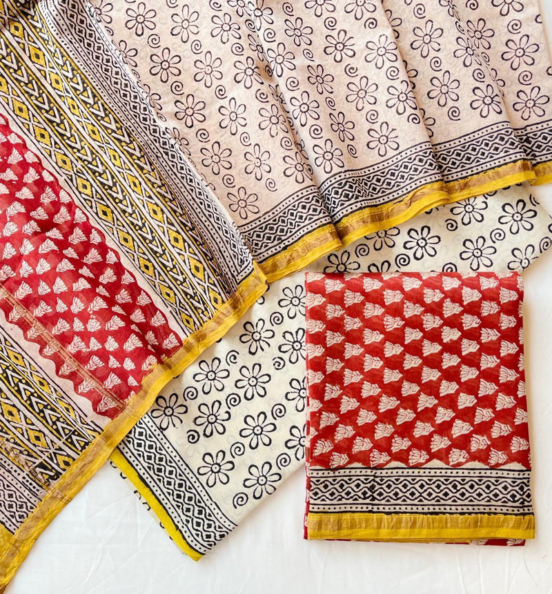 Pure Hand Block Chanderi Silk Unstitched Suit .