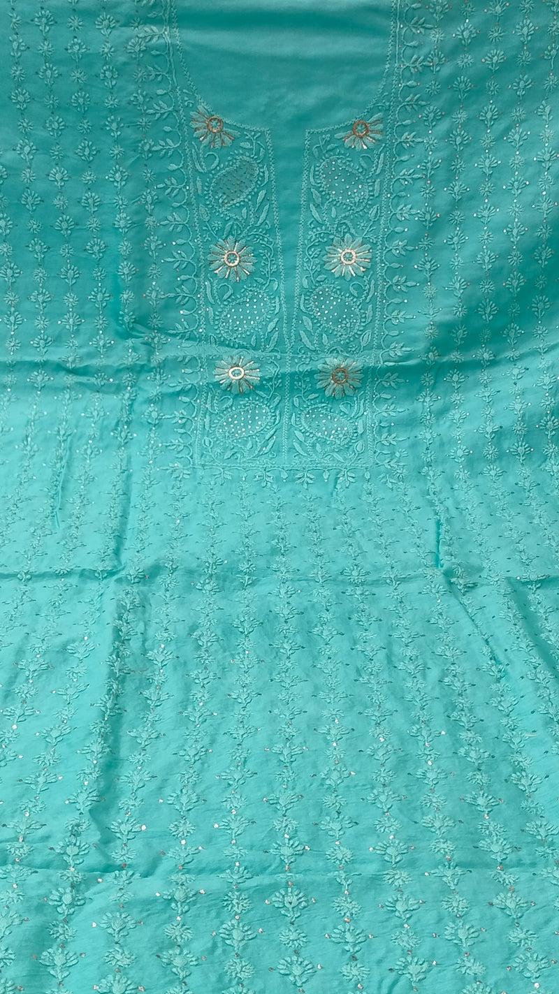 Pure Chanderi Silk 70grm Chikankari And Mukaish Work Unstitched Suit .