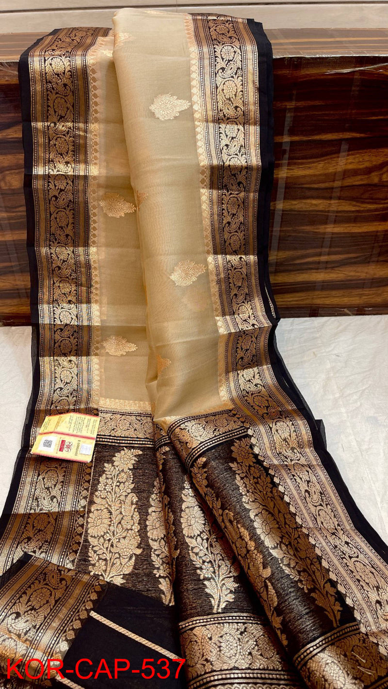 Pure Banarasi Kora Organza Silk Handwoven Zari Work Saree With Silk Mark Certificate ( Length- 6.3 Meter )