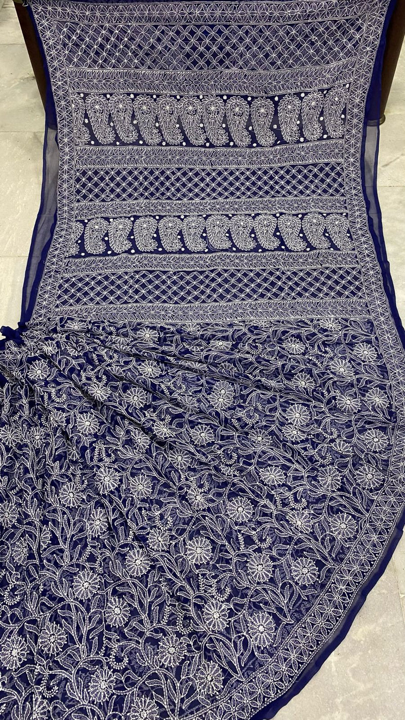 Pure Chiffon Georgette Chikankari Hand Embroidery Full Jaal Work Saree.