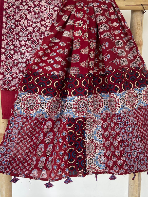 Pure Cotton Azrakh Print Unstitched suit With Patch Work Dupatta.