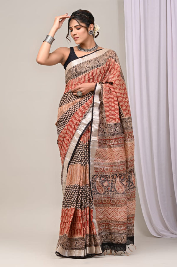 Hand Block Print Linen Saree with Blouse .