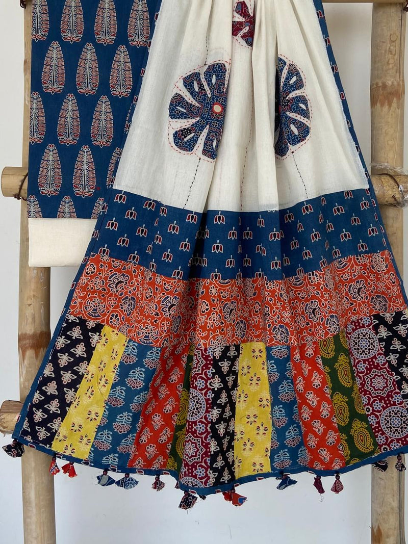 Pure Cotton Azrakh Print Unstitched suit With patch work Dupatta.