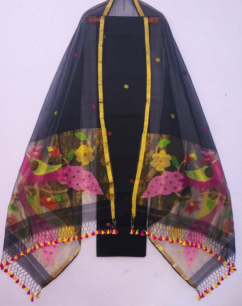 Pure Maslin Jamdani Weaved unstitched suit With Paithani Work .