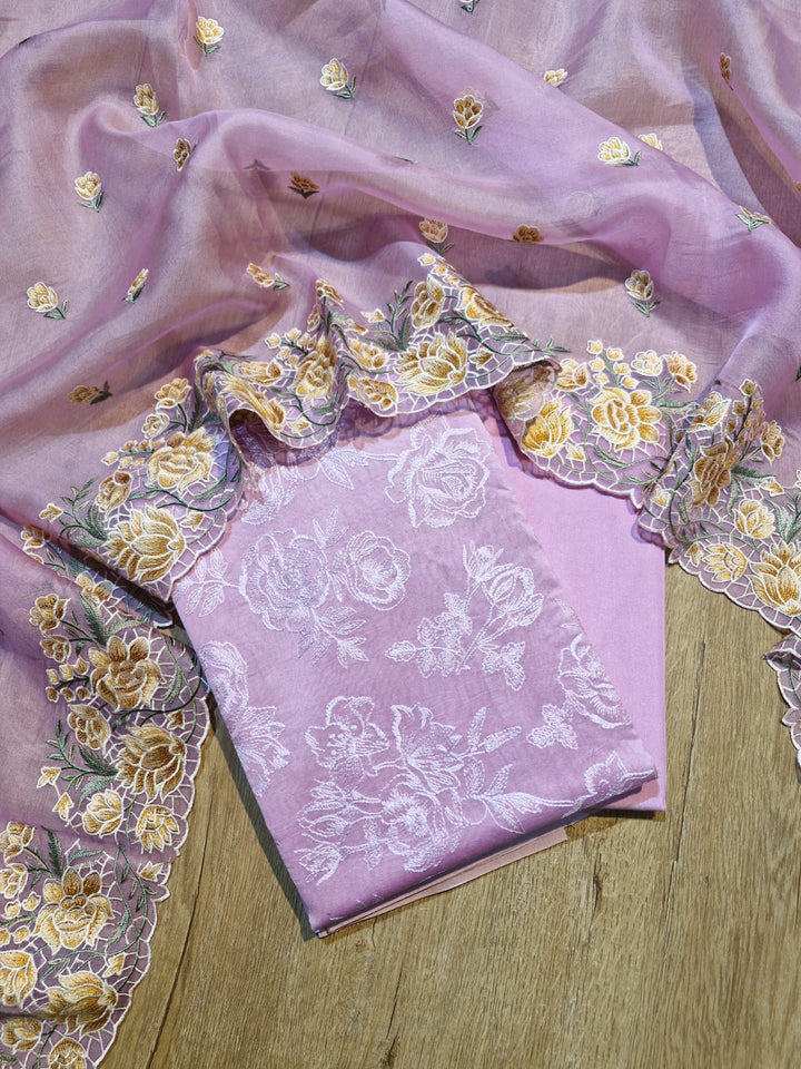 Pure Banarasi Chanderi Silk  Embroidered Unstitched Suit With Pure Organza Silk Dupatta