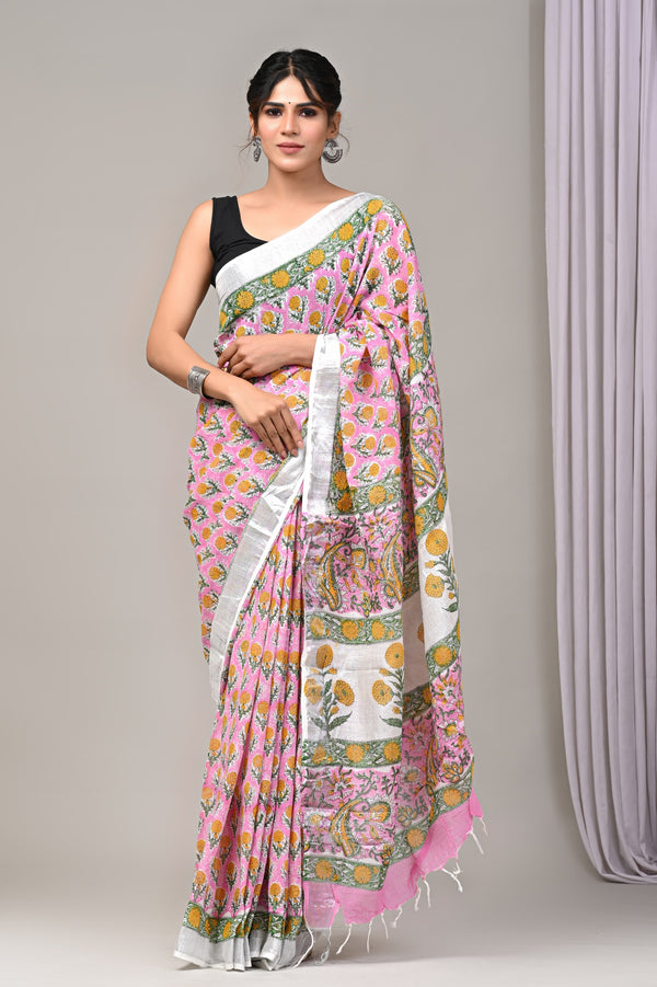 Hand Block Print Linen Saree with Blouse .