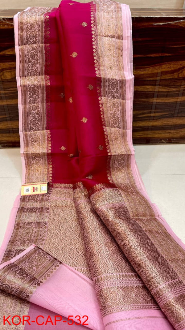 Pure Banarasi Kora Organza Silk Handwoven Zari Work Saree With Silk Mark Certificate ( Length- 6.3 Meter )